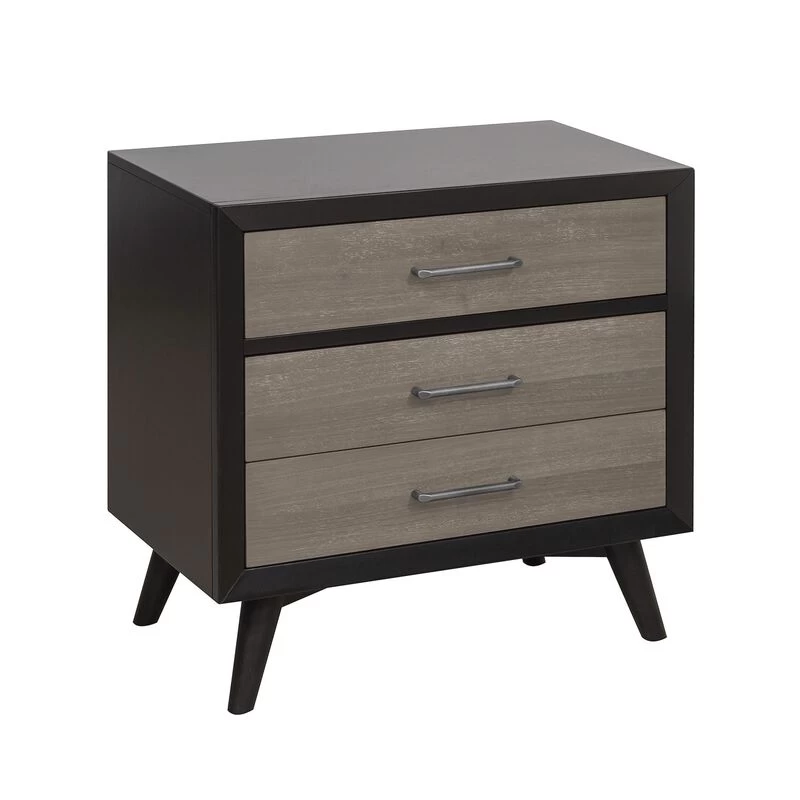 Stylish Two-Tone Finish Bedroom Nightstand Walnut Veneer Wood Retro Design 3 Drawers Tapered Legs Black+ Gray 4 Stylish Two-Tone Finish Bedroom Nightstand Walnut Veneer Wood Retro Design 3 Drawers Tapered Legs Black+ Gray - Image 2