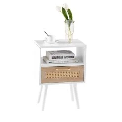 Rattan End Table With Drawer And Solid Wood Legs, Modern Nightstand, Side Table For Living Roon, Bedroom, White White -Bedroom Furniture Shop 68ffe1c73805497984647502c1c1ef9e