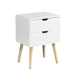 Side Table With 2 Drawer And Rubber Wood Legs, Mid-Century Modern Storage Cabinet For Bedroom Living Room Furniture, White White