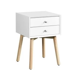 Side Table, Bedside Table With 2 Drawers And Rubber Wood Legs, Mid-Century Modern Storage Cabinet For Bedroom Living Room, White White