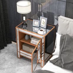 Modern Mirrored Nightstand With 2 Storage Cabinets For Living Room/Bedroom, Crystal Knobs, Silver -Bedroom Furniture Shop 7cf5381a11ea437da844529737315689