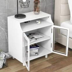 Nightstand With Storage Shelves And Cabinets For Living Room/Bedroom, Glass Door, USB Charging White -Bedroom Furniture Shop 81a7df37dbf3498ca0455ae1871e911e