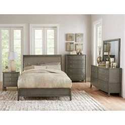 Bedroom Furniture 3 Drawers Nightstand Gray Finish Birch Veneer Nickel Hardware Bedside Table