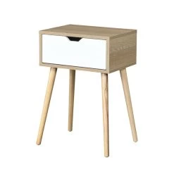 Side Table With 1 Drawer And Rubber Wood Legs, Mid-Century Modern Storage Cabinet For Bedroom Living Room Furniture, White With Solid Wood Color Natural