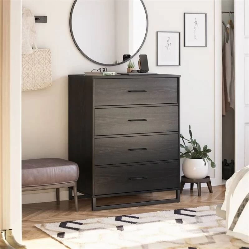QuikFurn Modern 4-Drawer Bedroom Chest Dresser In Rustic Black Wood Finish Black 4 QuikFurn Modern 4-Drawer Bedroom Chest Dresser In Rustic Black Wood Finish Black - Image 2