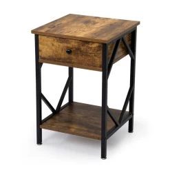 Set Of 2 Nightstand Industrial End Table With Drawer, Storage Shelf And Metal Frame For Living Room, Bedroom, Rustic Brown Black Brown