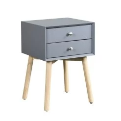 Side Table, Bedside Table With 2 Drawers And Rubber Wood Legs, Mid-Century Modern Storage Cabinet For Bedroom Living Room, Gray Gray