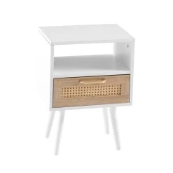 Rattan End Table With Drawer And Solid Wood Legs, Modern Nightstand, Side Table For Living Roon, Bedroom, White White -Bedroom Furniture Shop 97b768e990d84cb8b04c090f64b64631