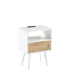 Rattan End Table With Power Outlet & USB Ports , Modern Nightstand With Drawer And Solid Wood Legs, Side Table For Living Roon, Bedroom, White White -Bedroom Furniture Shop 9ad37e4e2bcb4ccfa3fcb50d9be9b7fe
