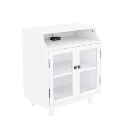 Nightstand With Storage Shelves And Cabinets For Living Room/Bedroom, Glass Door, USB Charging White -Bedroom Furniture Shop 9d260d407a2a420fba60c69368aabf0e