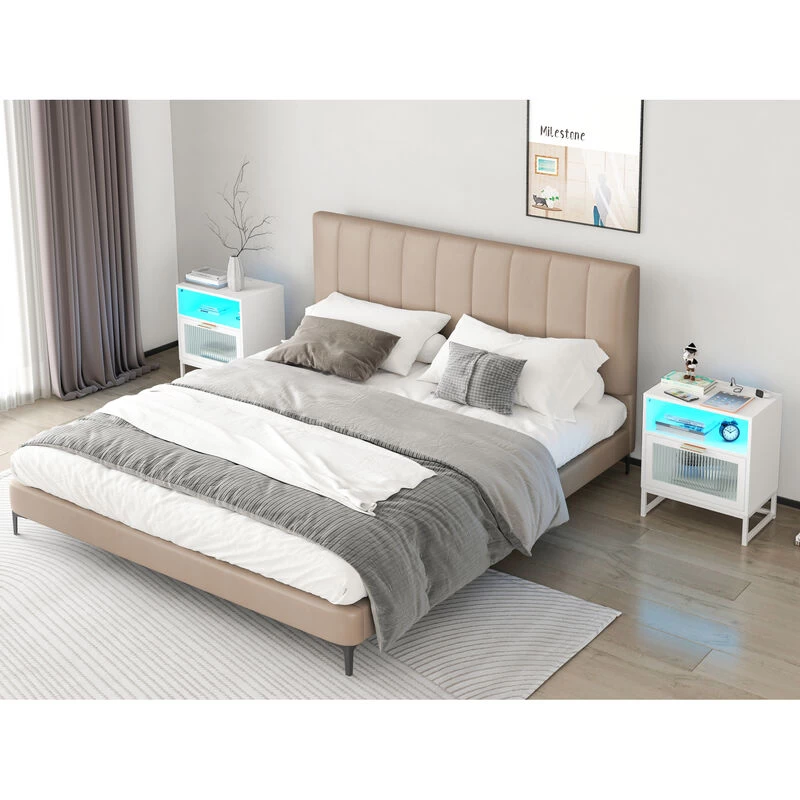 Nightstand With LED Lights / Drawer, White Bedside Table For Bedroom White 6 Nightstand With LED Lights / Drawer, White Bedside Table For Bedroom White - Image 4