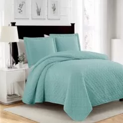 RT Designers Collection Bella 3pc Pinsonic Premium Quality All Year Round Quilt Set For Revitalize Bedroom King Aqua Aqua