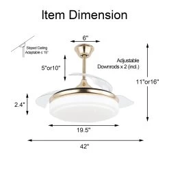CurveCurio Concealable Modern Ceiling Fan, 6 Speed And 3 Light Tones, Remote Control Ceiling Fan For Bedroom And Living Room -Bedroom Furniture Shop CurveCurio 42inches Retractable DC Motor LED Ceiling Fan with Remote Control 8
