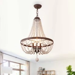 CurveCurio Farmhouse Chandelier 4 Blubs Antique Wood Chandelier For Bedroom, Porch And Kitchen -Bedroom Furniture Shop CurveCurio Modern Farmhouse Wood Lighting Drum Glam Wood Chandelier 5