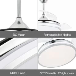 Cusp Barn 42 Inch Retractable Ceiling Fan With Lights And Remote 6 Speeds Noiseless DC Motor Ceiling Light For Bedroom -Bedroom Furniture Shop Cusp Barn 42 Inch Retractable Ceiling Fan 6 Speeds Noiseless DC Motor Fan with Lights and Remote 3