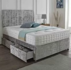 Classic Divan Set Upholstered In Crushed Velvet Material – Matching Headboard & Choice Of Mattress