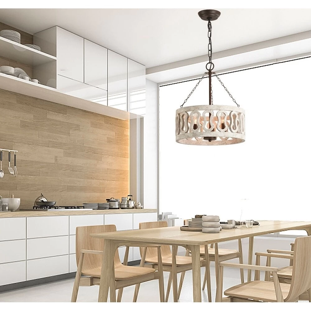 Farmhouse And Modern 3-Light Drum Shade Wood Chandelier With 3 Chains Distressed Weathered Rusty Antique Wood Light For Bedroom 7 Farmhouse And Modern 3-Light Drum Shade Wood Chandelier With 3 Chains Distressed Weathered Rusty Antique Wood Light For Bedroom - Image 5