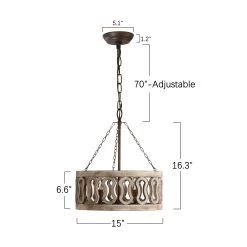 Farmhouse And Modern 3-Light Drum Shade Wood Chandelier With 3 Chains Distressed Weathered Rusty Antique Wood Light For Bedroom