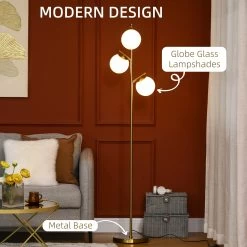 HOMCOM 3-Light Modern Floor Lamps For Living Room, Tree Standing Lamp For Bedroom With Globe Lampshade, Steel Base, Gold -Bedroom Furniture Shop HOMCOM 3 Light Modern Floor Lamps for Living Room2C Tree Standing Lamp for Bedroom with Globe Lampshade2C Steel Base2C Gold 4