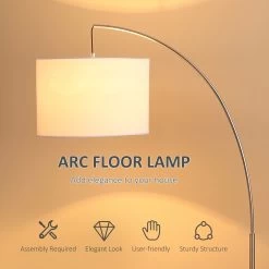 HOMCOM Arc Floor Reading Lamp, Tall Pole Standing Lamp With Hanging Fabric Lampshade For Living Room Or Bedroom, Silver/White 14 HOMCOM Arc Floor Reading Lamp, Tall Pole Standing Lamp With Hanging Fabric Lampshade For Living Room Or Bedroom, Silver/White -Bedroom Furniture Shop HOMCOM Arc Floor Reading Lamp2C Tall Pole Standing Lamp with Hanging Fabric Lampshade for Living Room or Bedroom2C Silver White 4