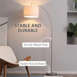 HOMCOM Arc Floor Reading Lamp, Tall Pole Standing Lamp With Hanging Fabric Lampshade For Living Room Or Bedroom, Silver/White 15 HOMCOM Arc Floor Reading Lamp, Tall Pole Standing Lamp With Hanging Fabric Lampshade For Living Room Or Bedroom, Silver/White -Bedroom Furniture Shop HOMCOM Arc Floor Reading Lamp2C Tall Pole Standing Lamp with Hanging Fabric Lampshade for Living Room or Bedroom2C Silver White 5