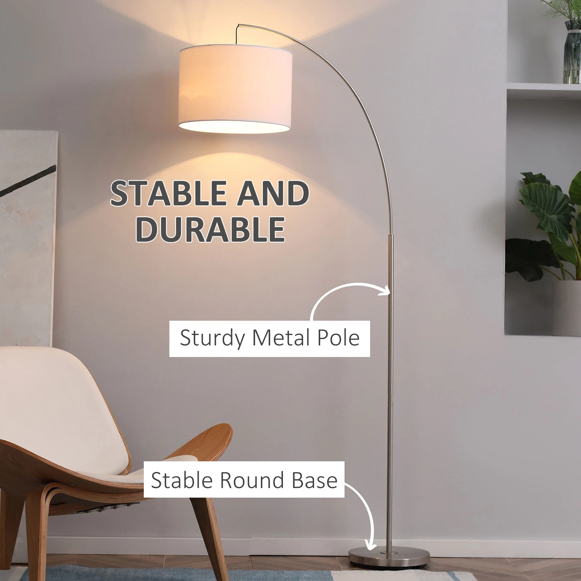 HOMCOM Arc Floor Reading Lamp, Tall Pole Standing Lamp With Hanging Fabric Lampshade For Living Room Or Bedroom, Silver/White 8 HOMCOM Arc Floor Reading Lamp, Tall Pole Standing Lamp With Hanging Fabric Lampshade For Living Room Or Bedroom, Silver/White - Image 6