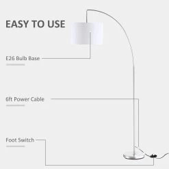 HOMCOM Arc Floor Reading Lamp, Tall Pole Standing Lamp With Hanging Fabric Lampshade For Living Room Or Bedroom, Silver/White 16 HOMCOM Arc Floor Reading Lamp, Tall Pole Standing Lamp With Hanging Fabric Lampshade For Living Room Or Bedroom, Silver/White -Bedroom Furniture Shop HOMCOM Arc Floor Reading Lamp2C Tall Pole Standing Lamp with Hanging Fabric Lampshade for Living Room or Bedroom2C Silver White 6