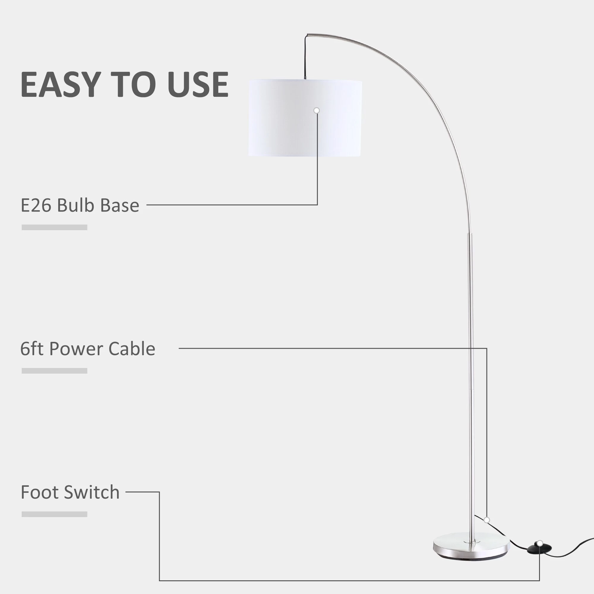HOMCOM Arc Floor Reading Lamp, Tall Pole Standing Lamp With Hanging Fabric Lampshade For Living Room Or Bedroom, Silver/White 9 HOMCOM Arc Floor Reading Lamp, Tall Pole Standing Lamp With Hanging Fabric Lampshade For Living Room Or Bedroom, Silver/White - Image 7