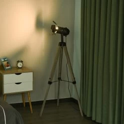 HOMCOM Industrial Style Tripod Floor Lamp For Living Room Bedroom, Vintage Spotlight Reading Lamp With Wooden Metal Legs -Bedroom Furniture Shop HOMCOM Industrial Style Tripod Floor Lamp for Living Room Bedroom2C Vintage Spotlight Reading Lamp with Wooden Metal Legs 3