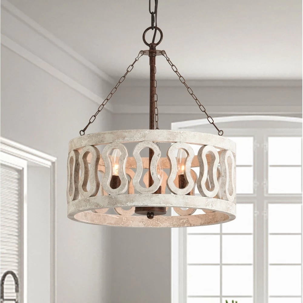 Farmhouse And Modern 3-Light Drum Shade Wood Chandelier With 3 Chains Distressed Weathered Rusty Antique Wood Light For Bedroom 5 Farmhouse And Modern 3-Light Drum Shade Wood Chandelier With 3 Chains Distressed Weathered Rusty Antique Wood Light For Bedroom - Image 3