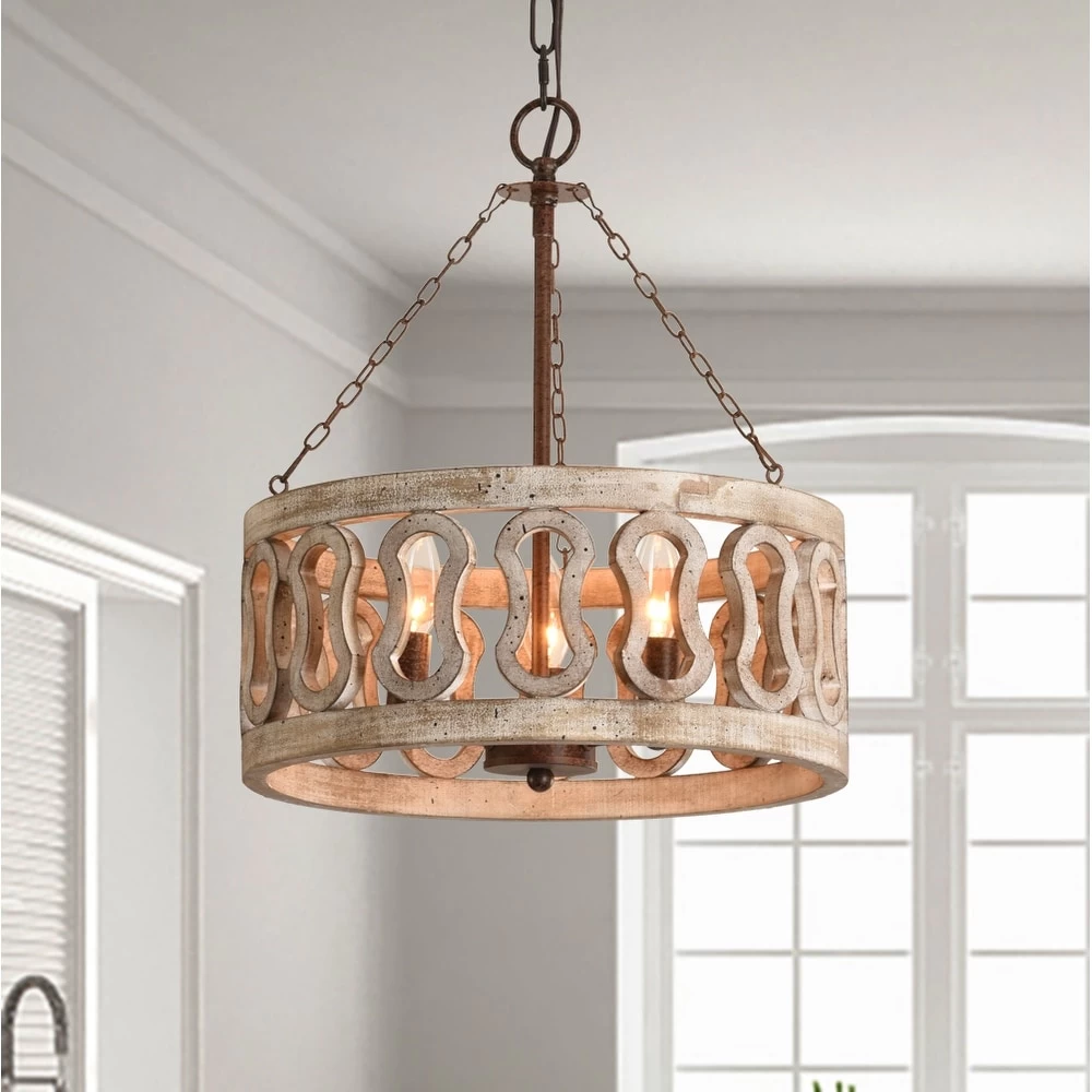 Farmhouse And Modern 3-Light Drum Shade Wood Chandelier With 3 Chains Distressed Weathered Rusty Antique Wood Light For Bedroom 4 Farmhouse And Modern 3-Light Drum Shade Wood Chandelier With 3 Chains Distressed Weathered Rusty Antique Wood Light For Bedroom - Image 2
