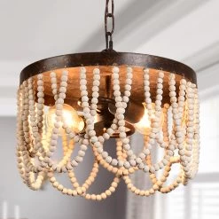 Cusp Barn Bohemia 2-Light Wood Beaded Chandelier Antique Rustic Ceiling Light For Bedroom Hallway -Bedroom Furniture Shop Modern Elegant 2 Light Wood Bead Pendant Chandelier with Adjustable Chain 1
