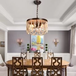 Cusp Barn Bohemia 2-Light Wood Beaded Chandelier Antique Rustic Ceiling Light For Bedroom Hallway -Bedroom Furniture Shop Modern Elegant 2 Light Wood Bead Pendant Chandelier with Adjustable Chain 2