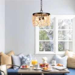 Cusp Barn Bohemia 2-Light Wood Beaded Chandelier Antique Rustic Ceiling Light For Bedroom Hallway -Bedroom Furniture Shop Modern Elegant 2 Light Wood Bead Pendant Chandelier with Adjustable Chain 3