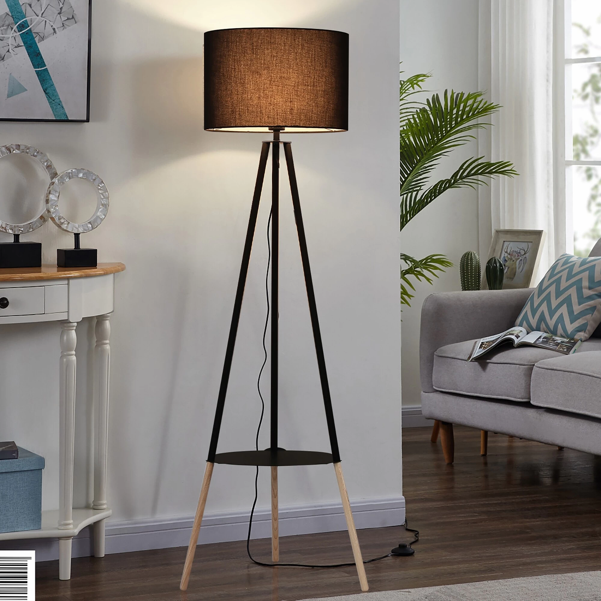 Modern Industrial Standing Tripod Floor Lamp With Shelf And Black Vintage Lampshade, Mid Century Table Bedroom Wooden Lighting 5 Modern Industrial Standing Tripod Floor Lamp With Shelf And Black Vintage Lampshade, Mid Century Table Bedroom Wooden Lighting - Image 3