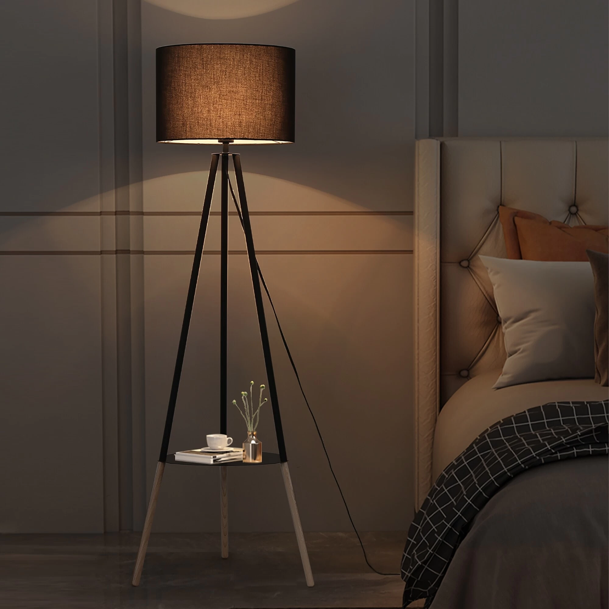 Modern Industrial Standing Tripod Floor Lamp With Shelf And Black Vintage Lampshade, Mid Century Table Bedroom Wooden Lighting 10 Modern Industrial Standing Tripod Floor Lamp With Shelf And Black Vintage Lampshade, Mid Century Table Bedroom Wooden Lighting - Image 8