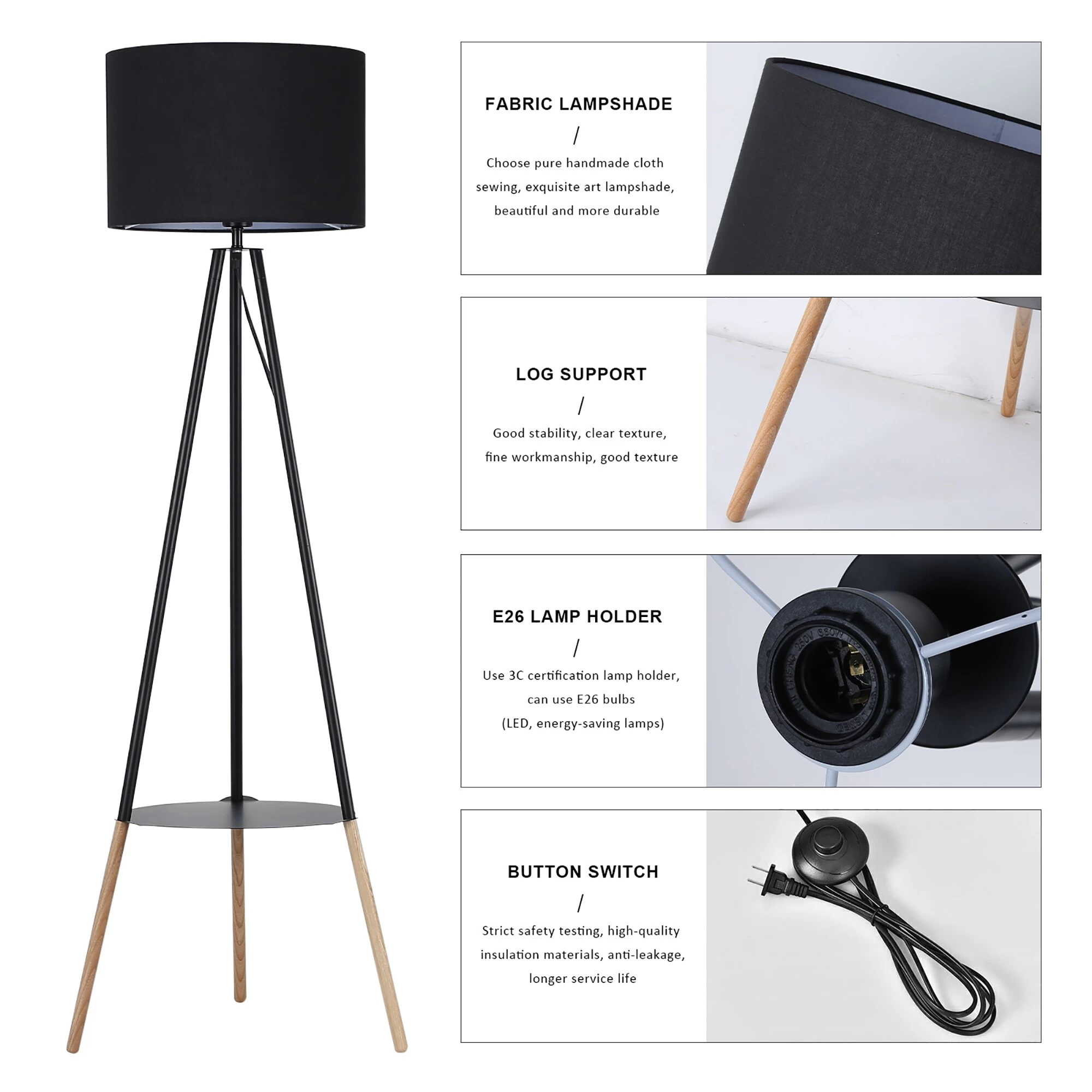 Modern Industrial Standing Tripod Floor Lamp With Shelf And Black Vintage Lampshade, Mid Century Table Bedroom Wooden Lighting 11 Modern Industrial Standing Tripod Floor Lamp With Shelf And Black Vintage Lampshade, Mid Century Table Bedroom Wooden Lighting - Image 9