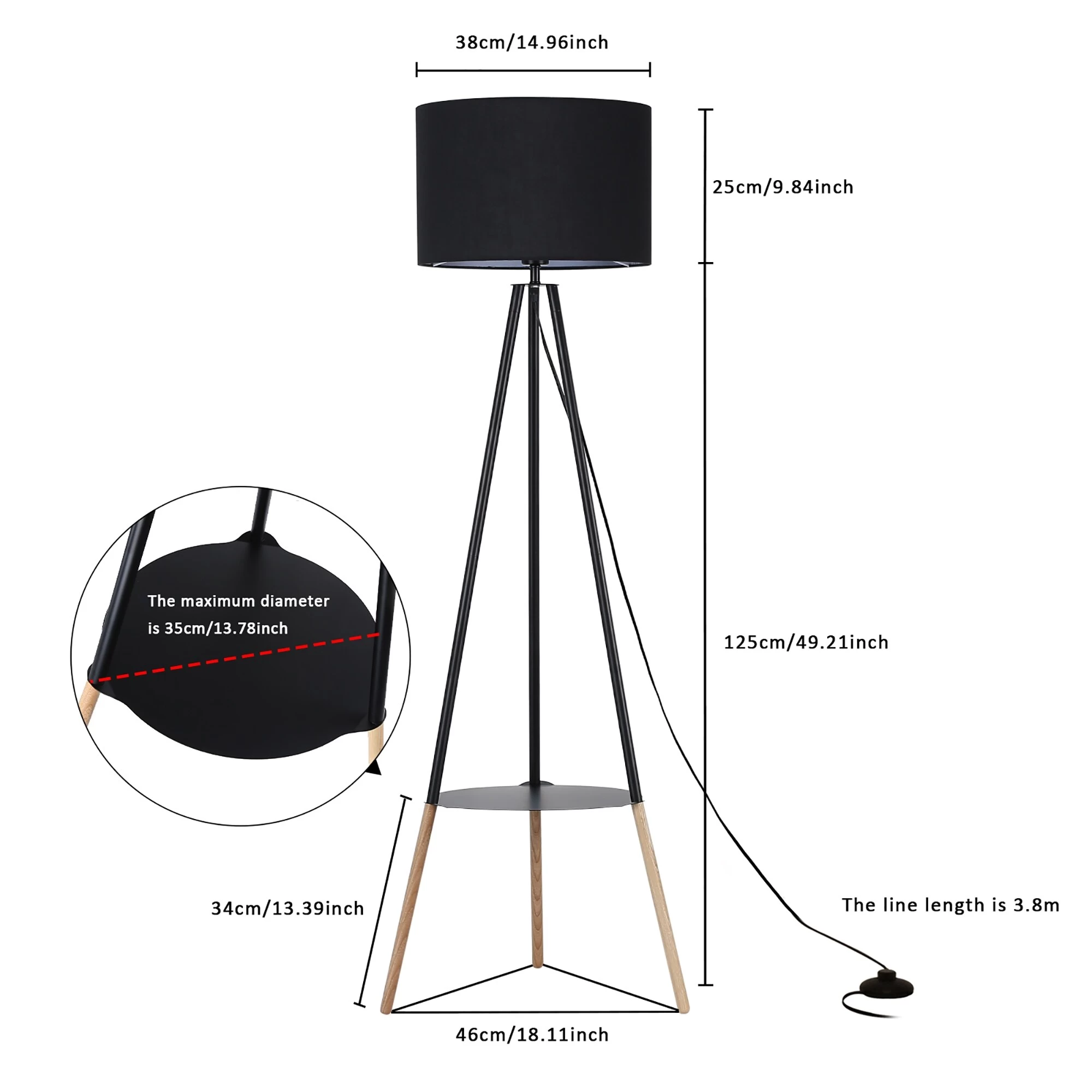 Modern Industrial Standing Tripod Floor Lamp With Shelf And Black Vintage Lampshade, Mid Century Table Bedroom Wooden Lighting 12 Modern Industrial Standing Tripod Floor Lamp With Shelf And Black Vintage Lampshade, Mid Century Table Bedroom Wooden Lighting - Image 10