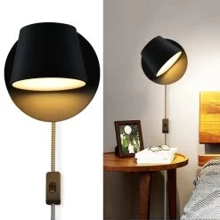 Modern Wall Lamp Plug In Cord Round Rotatable Black /White Wall Sconce LED Lighting Mounted Fixture For Bedroom Living Room -Bedroom Furniture Shop Modern Wall Lamp Plug in Cord Round Rotatable Black White Wall Sconce LED Lighting Mounted Fixture for Bedroom Living Room 3