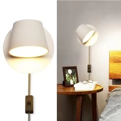 Modern Wall Lamp Plug In Cord Round Rotatable Black /White Wall Sconce LED Lighting Mounted Fixture For Bedroom Living Room -Bedroom Furniture Shop Modern Wall Lamp Plug in Cord Round Rotatable Black White Wall Sconce LED Lighting Mounted Fixture for Bedroom Living Room 4