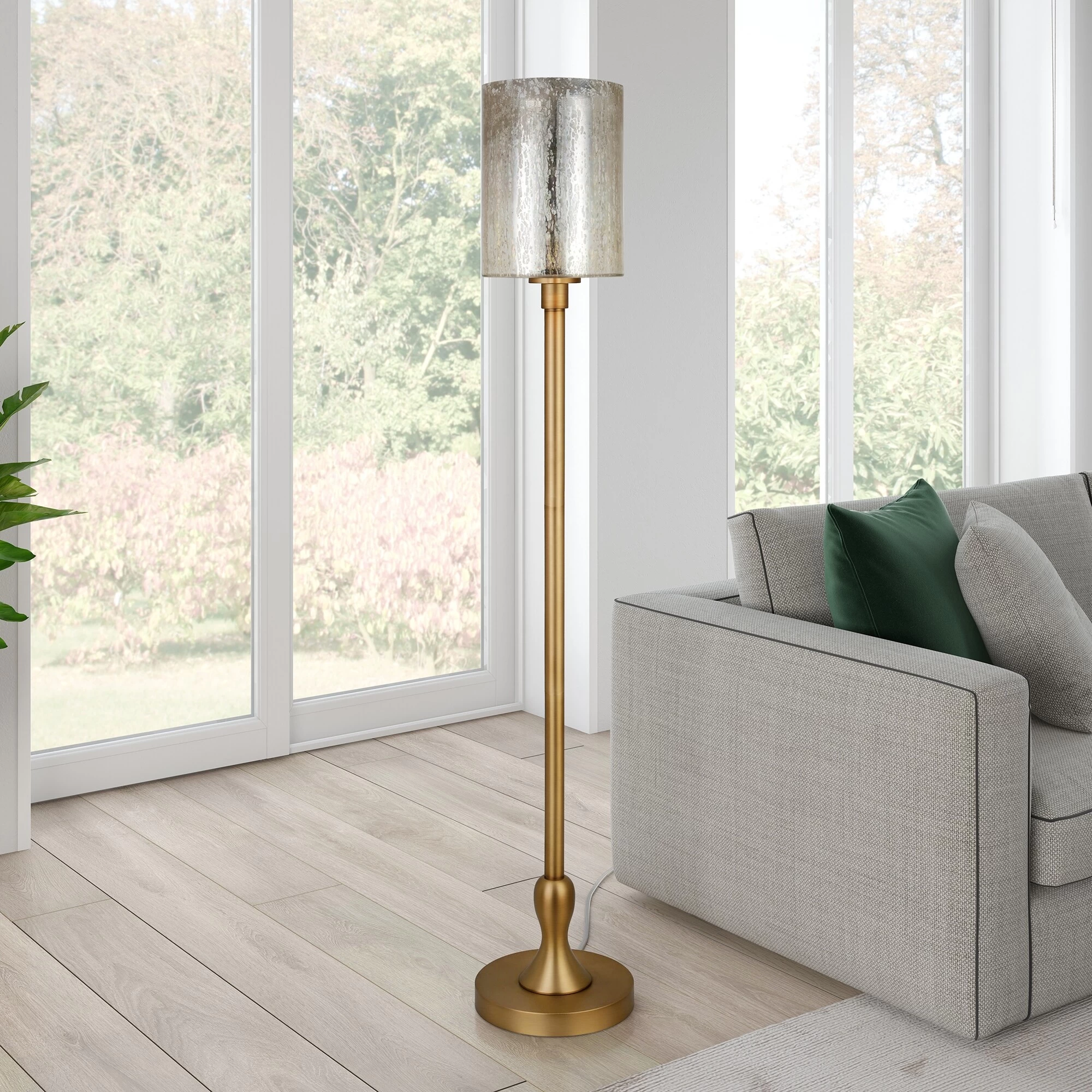 Modern, Industrial Farmhouse Floor Lamp In Brass With Mercury Glass Shade For Living Room, Bedroom, Office, Or Dining Room 5 Modern, Industrial Farmhouse Floor Lamp In Brass With Mercury Glass Shade For Living Room, Bedroom, Office, Or Dining Room - Image 3