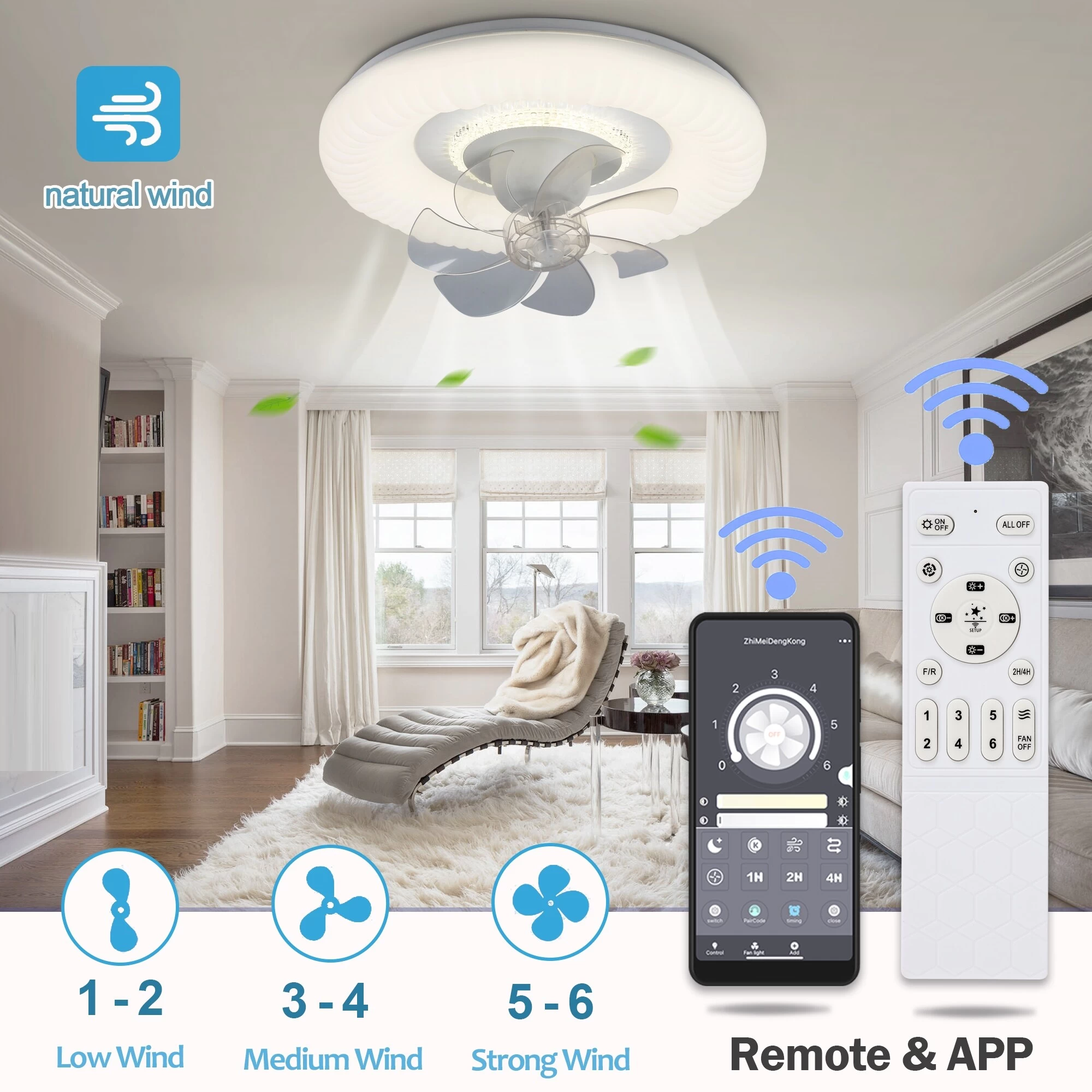 Oaks Aura 20in. Italian Cream Low Profile Ceiling Fan With Light, 360°Rotate Dual Control Flush Mount Ceiling Fan For Bedroom 8 Oaks Aura 20in. Italian Cream Low Profile Ceiling Fan With Light, 360°Rotate Dual Control Flush Mount Ceiling Fan For Bedroom - Image 6