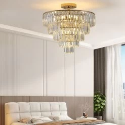 Oaks Aura Modern Mid-Century French Gold Glam Crystal Chandelier, Crystal Ceiling Light For Hallway, Living Room, Bedroom -Bedroom Furniture Shop Oaks Aura Modern Mid Century Glam Crystal Chandelier2C Crystal Ceiling Light for Hallway2C Living Room2C Bedroom 3