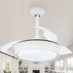 Round 36-inch LED Retractable Ceiling Fan With Remote 3 Color Tones Quiet Ceiling Fan For Living Room And Bedroom - 36 Inches -Bedroom Furniture Shop Round 36 inch LED Retractable Ceiling Fan with Remote 3 Color Tones Quiet Ceiling Fan for Living Room and Bedroom 36 Inches 3
