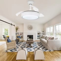 Round 36-inch LED Retractable Ceiling Fan With Remote 3 Color Tones Quiet Ceiling Fan For Living Room And Bedroom - 36 Inches -Bedroom Furniture Shop Round 36 inch LED Retractable Ceiling Fan with Remote 3 Color Tones Quiet Ceiling Fan for Living Room and Bedroom 36 Inches 5