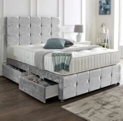 New Crushed Velvet Divan Set + Matching Rio Headboard & Footboard + Hand Tufted Pocket Spring Memory Mattress