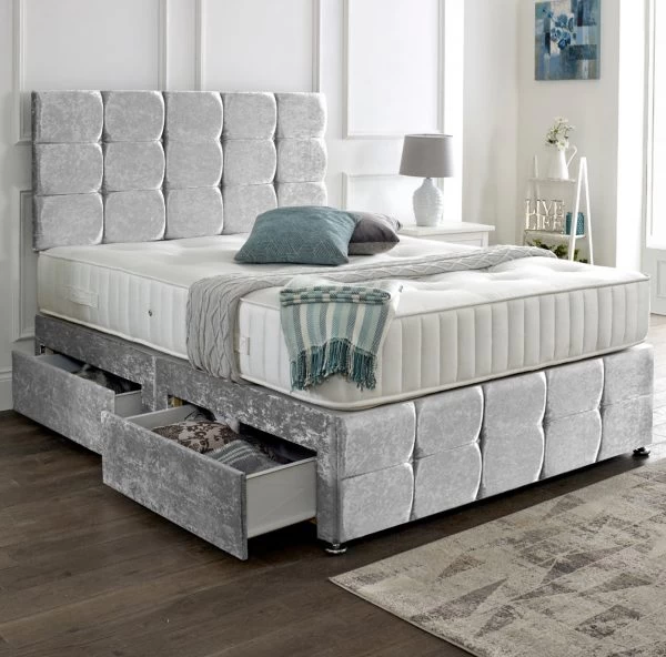 New Crushed Velvet Divan Set + Matching Rio Headboard & Footboard + Hand Tufted Pocket Spring Memory Mattress 3 New Crushed Velvet Divan Set + Matching Rio Headboard & Footboard + Hand Tufted Pocket Spring Memory Mattress