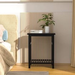 Nightstand, End Table, Bamboo Nightstand Bedside Table, Side Table For Bedroom Living Room Lounge, Space Saving, Easy To Assemble, NS-537 (Black)