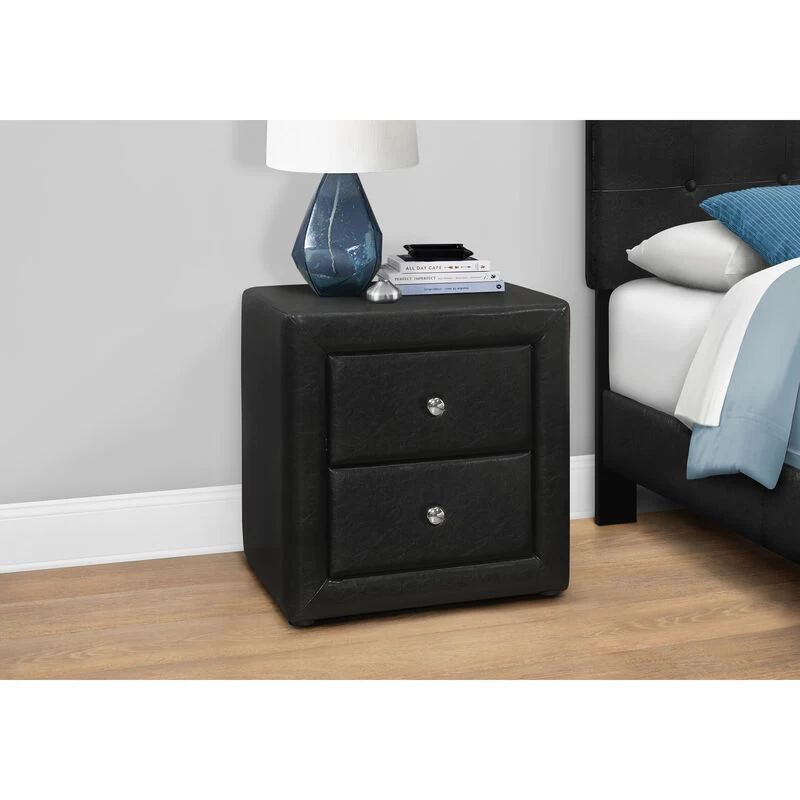 Monarch Specialties I 5603 Bedroom Accent, Nightstand, End, Side, Lamp, Storage Drawer, Bedroom, Upholstered, Pu Leather Look, Black, Transitional 4 Monarch Specialties I 5603 Bedroom Accent, Nightstand, End, Side, Lamp, Storage Drawer, Bedroom, Upholstered, Pu Leather Look, Black, Transitional - Image 2