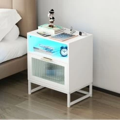Nightstand With LED Lights / Drawer, White Bedside Table For Bedroom White 17 Nightstand With LED Lights / Drawer, White Bedside Table For Bedroom White -Bedroom Furniture Shop ac339313a565444f879e1bbb7f46ebef